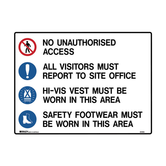 Mandatory Sign - No Unauthorised Access, All Visitors Must Report To Site Office, Hi-Vis Vest And Safety Footwear Must Be Worn